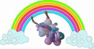 Unicorn balloon with a pink and purple balloon mane with a baby unicorn balloon on its back