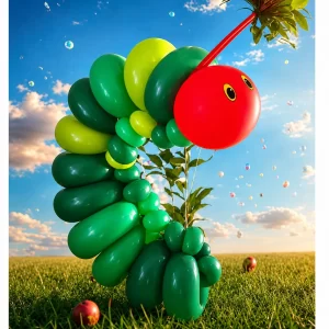 Green and red balloon caterpillar created by Daisy’s Art and Magic, a balloon twister serving Long Island and Queens, NY