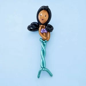 Mermaid balloon sculpture with black hair and turquoise tail created by a Long Island balloon twister.